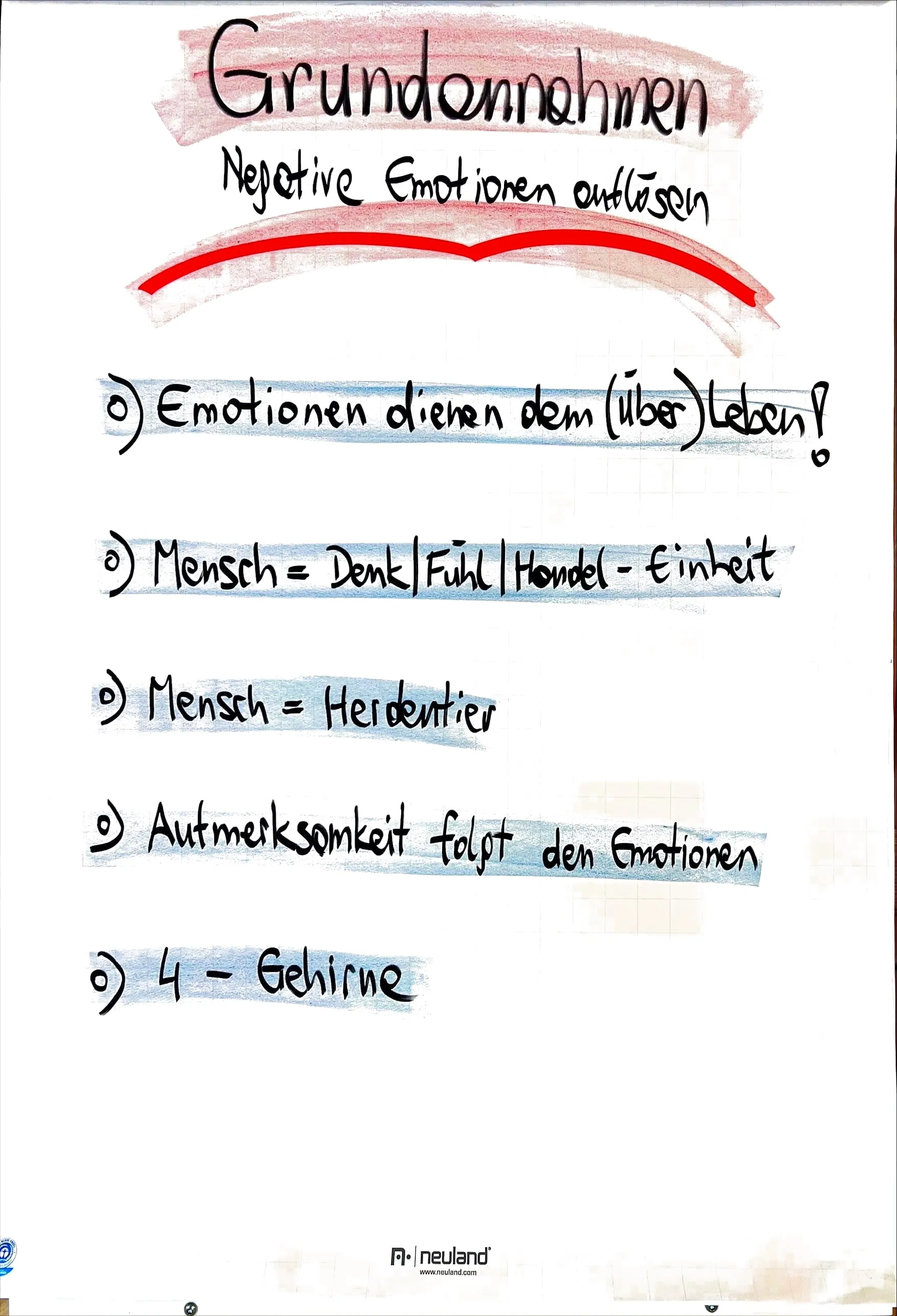 Flipchart: Grundannahmen Negative Emotionen auflösen – Emotionen dienen dem (Über)Leben, Mensch = Denk-/Fühl-/Handel-Einheit, Mensch = Herdentier, Aufmerksamkeit folgt den Emotionen, 4 Gehirne